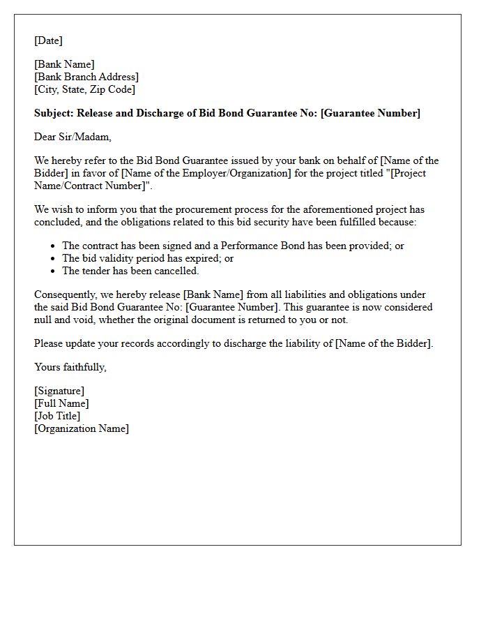 Bid Bond Guarantee Discharge Letter