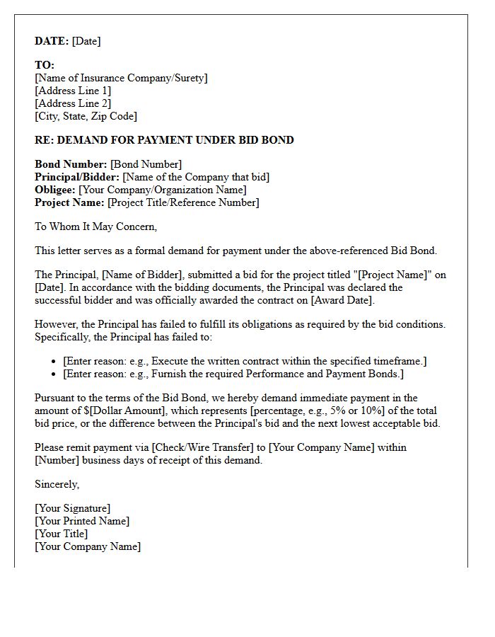 Bid Bond Guarantee Payment Demand Letter