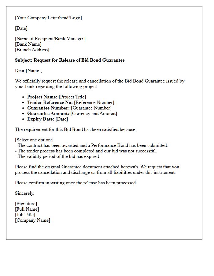 Bid Bond Guarantee Release Letter