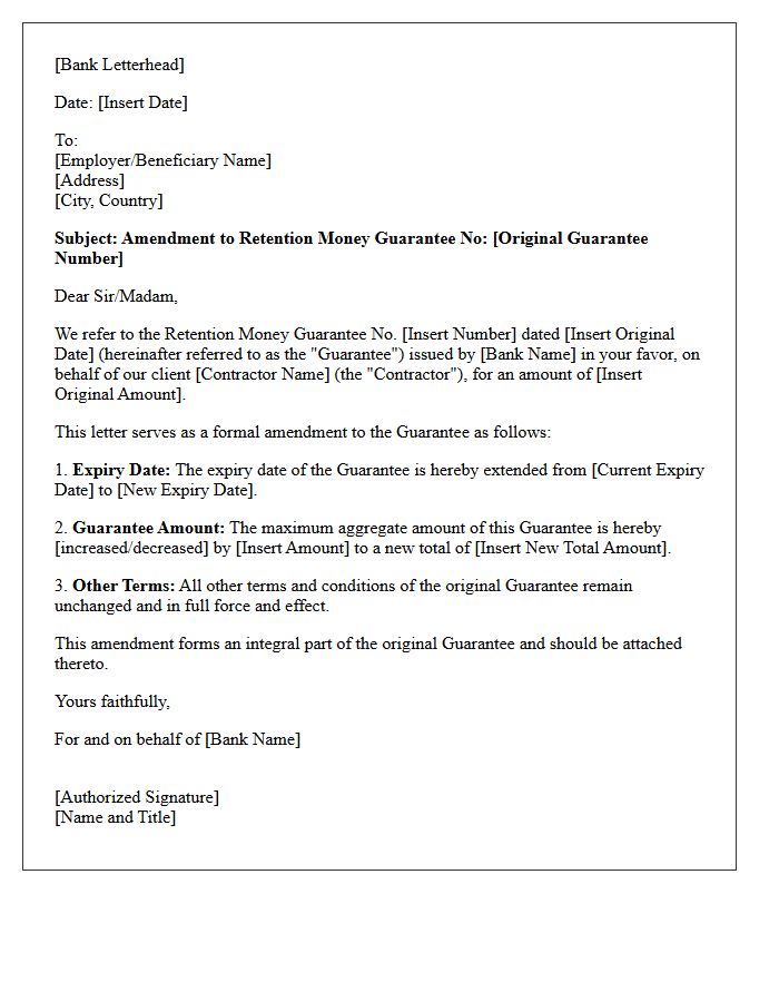 Amendment Letter for Retention Money Guarantee