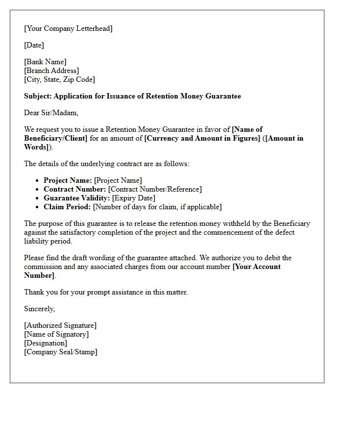 Application Letter for Retention Money Guarantee