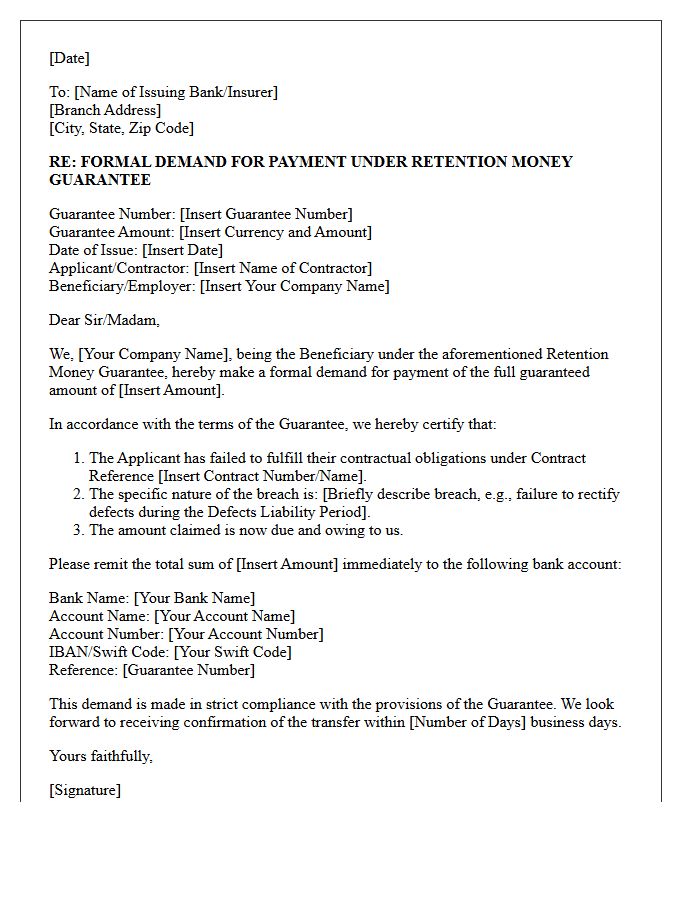 Claim Demand Letter for Retention Money Guarantee