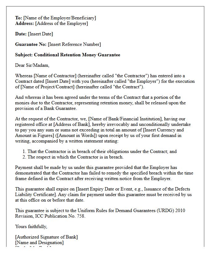 Conditional Retention Money Guarantee Letter