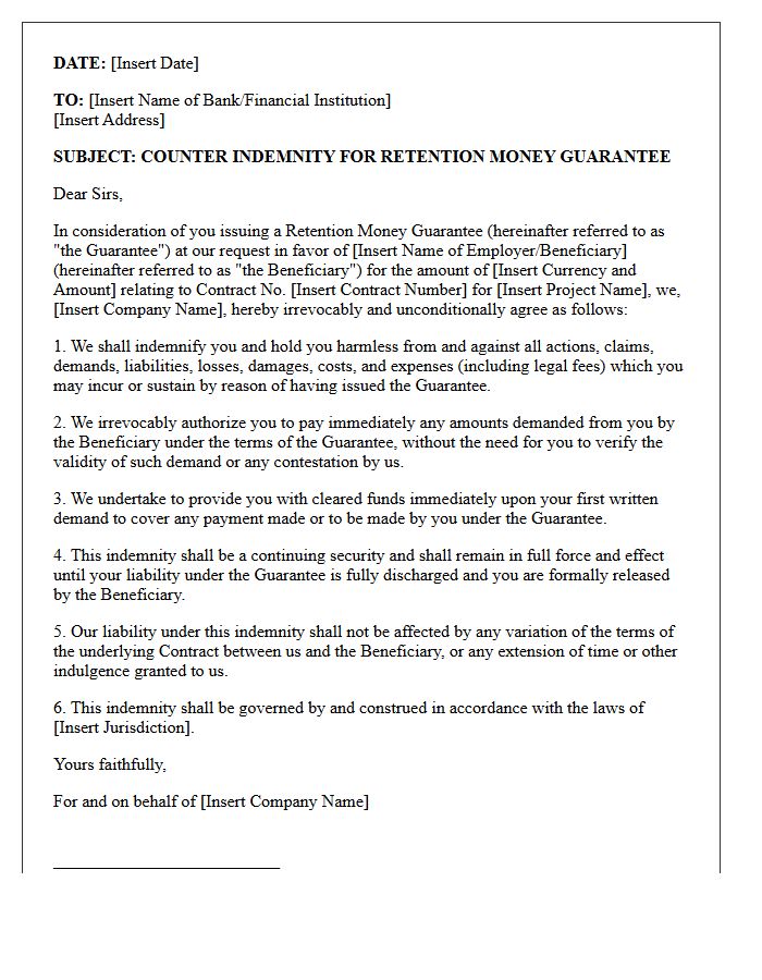 Counter Indemnity Letter for Retention Money Guarantee
