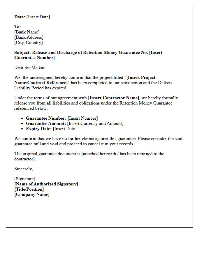 Discharge Letter for Retention Money Guarantee