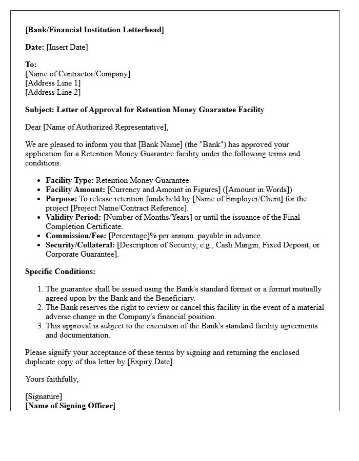 Facility Approval Letter for Retention Money Guarantee