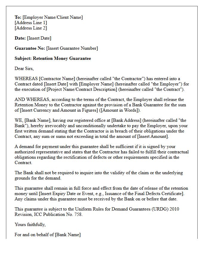 Standard Retention Money Guarantee Letter