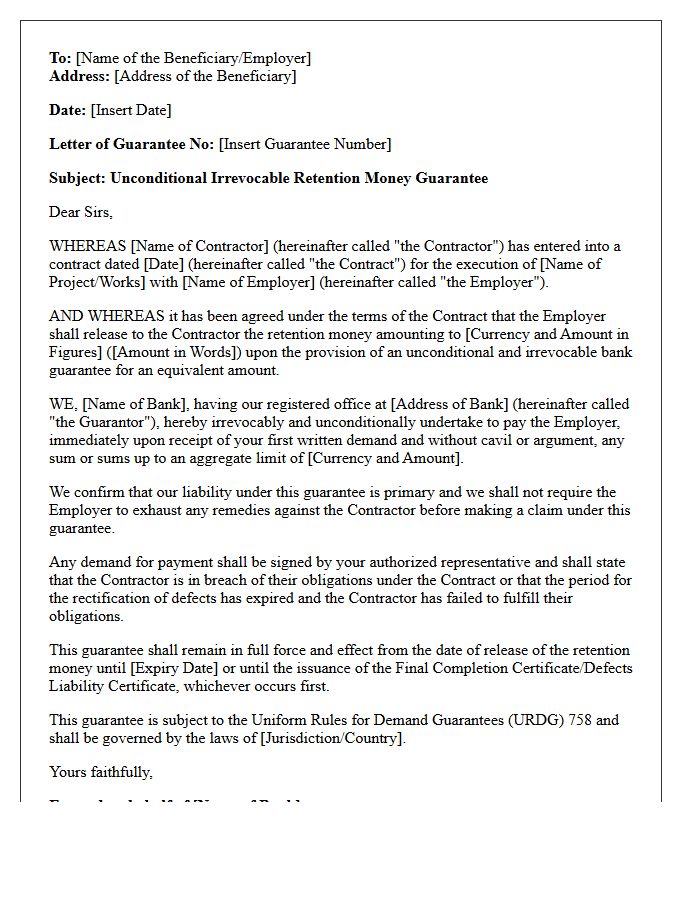 Unconditional Retention Money Guarantee Letter