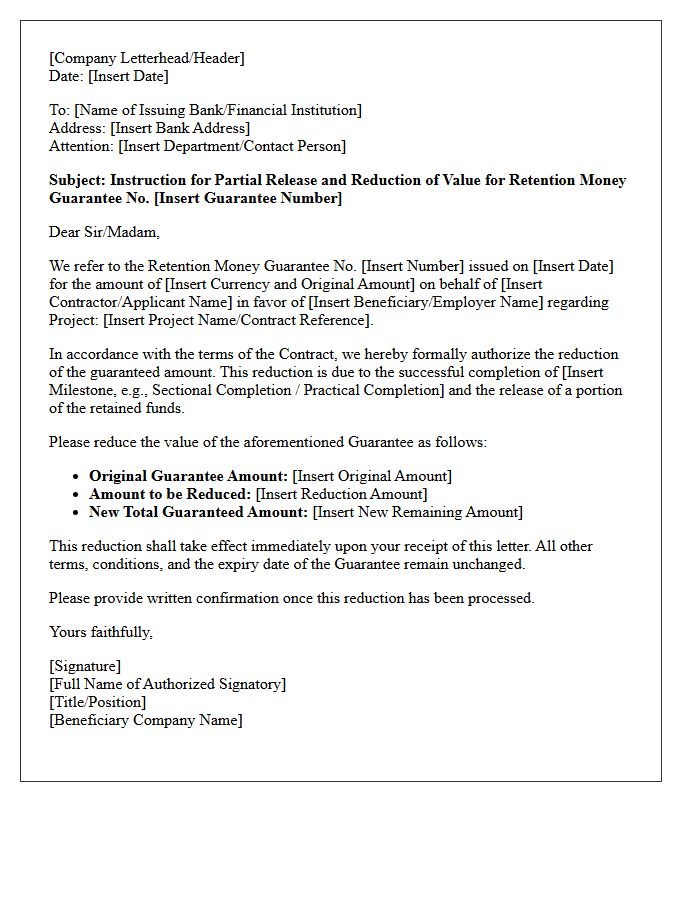Value Reduction Letter for Retention Money Guarantee