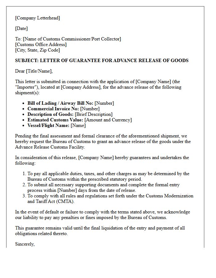 Advance Release Customs Facility Guarantee Letter