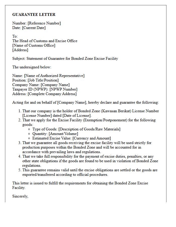 Bonded Zone Excise Facility Guarantee Letter