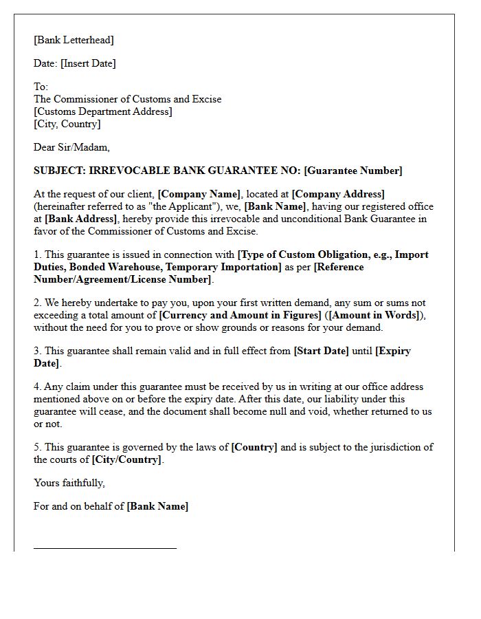 Customs and Excise Bank Guarantee Issuance Letter
