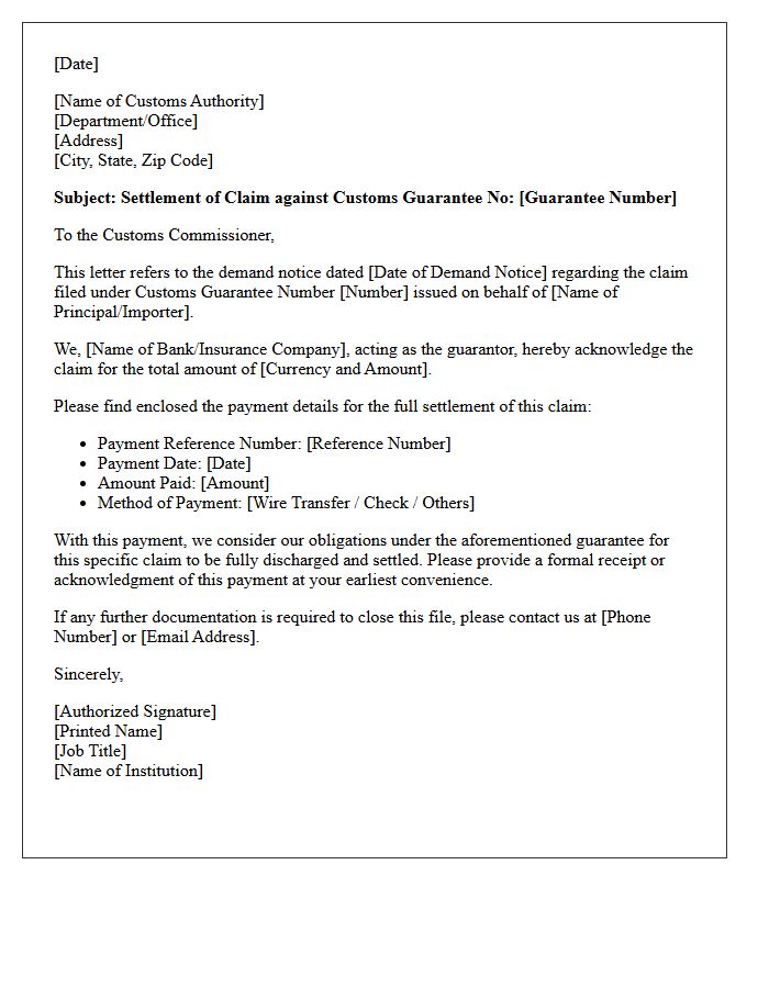 Customs Guarantee Claim Settlement Letter