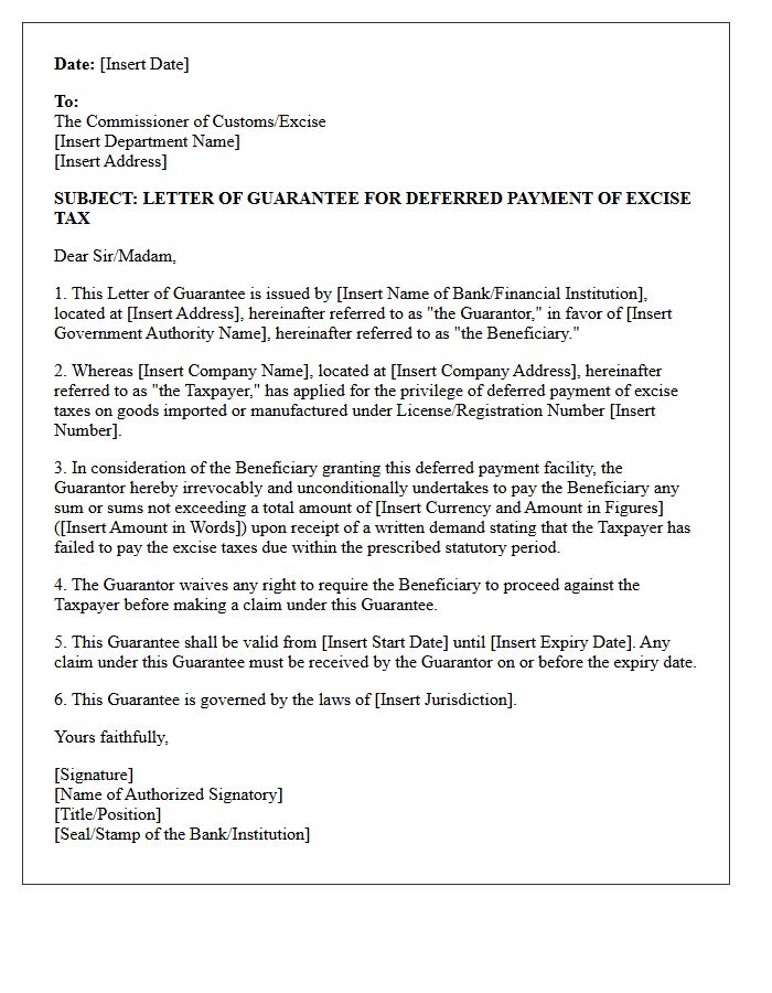 Deferred Payment Excise Tax Guarantee Letter