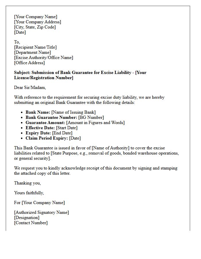 Excise Liability Bank Guarantee Cover Letter