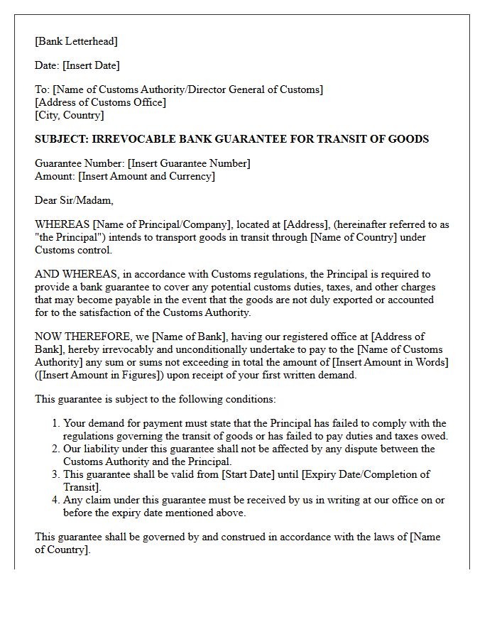 Transit Goods Customs Bank Guarantee Letter