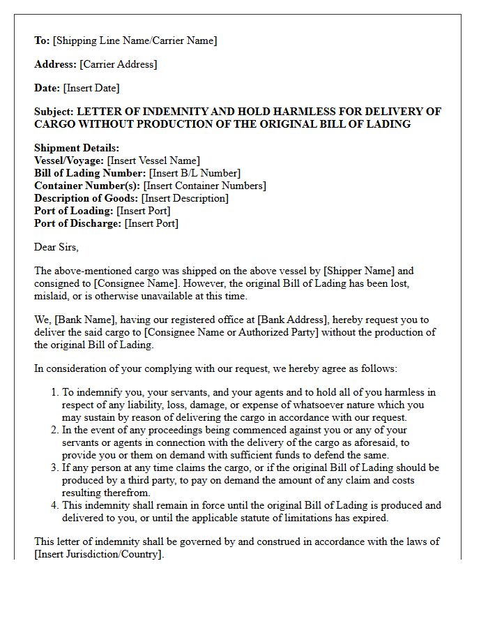 Bank Issued Letter Of Hold Harmless For Missing Bill Of Lading