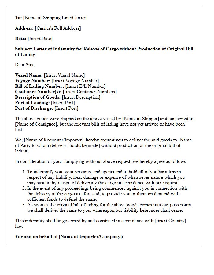 Cargo Release Bank Guarantee Letter For Missing Bill Of Lading