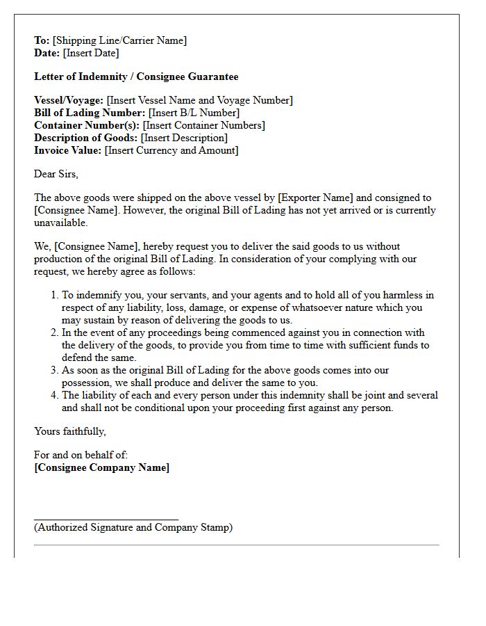 Consignee Guarantee Letter Endorsed By Financial Institution