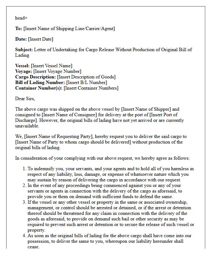 Letter Of Undertaking For Cargo Release Without Bill Of Lading