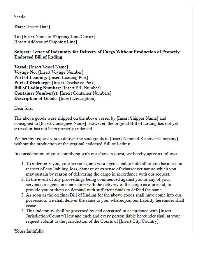 Shipping Guarantee Letter For Unendorsed Bill Of Lading