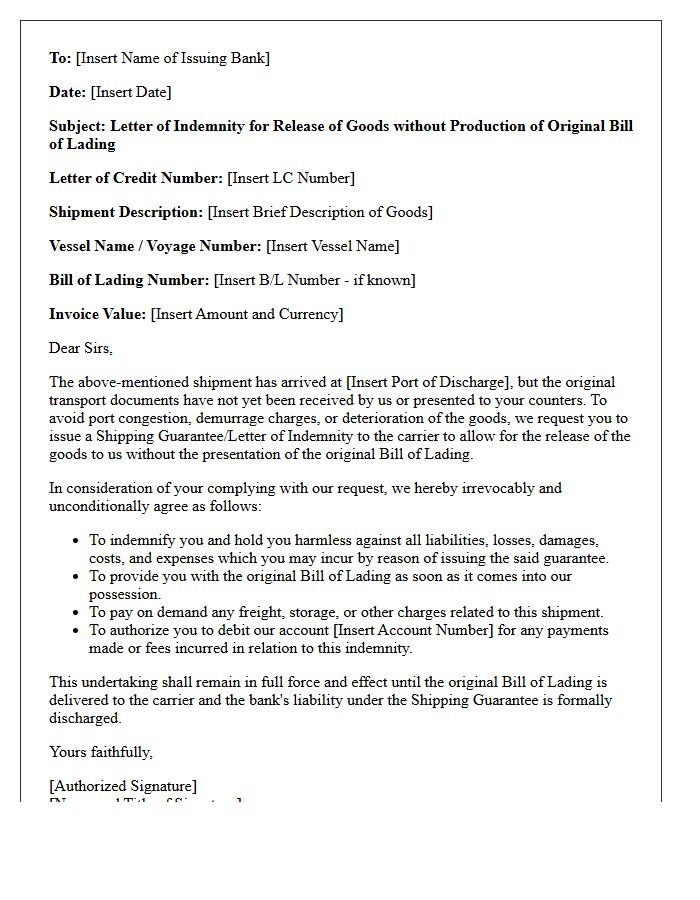 Trade Finance Guarantee Letter For Missing Transport Documents