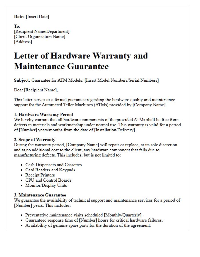 Automated Teller Machine Hardware Warranty and Maintenance Guarantee Letter