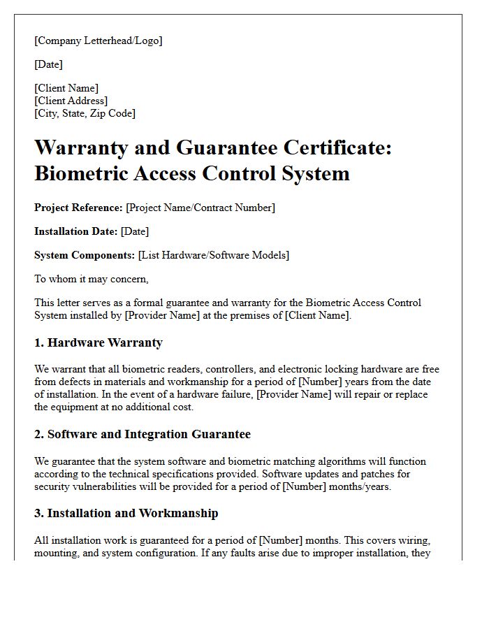 Biometric Access Control System Warranty and Guarantee Letter