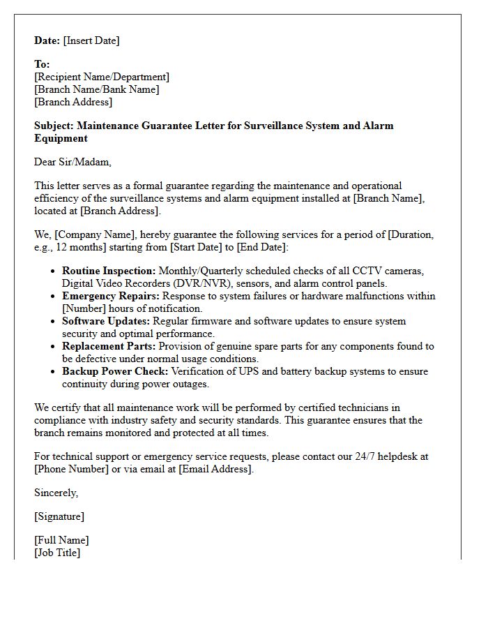 Branch Surveillance System and Alarm Maintenance Guarantee Letter