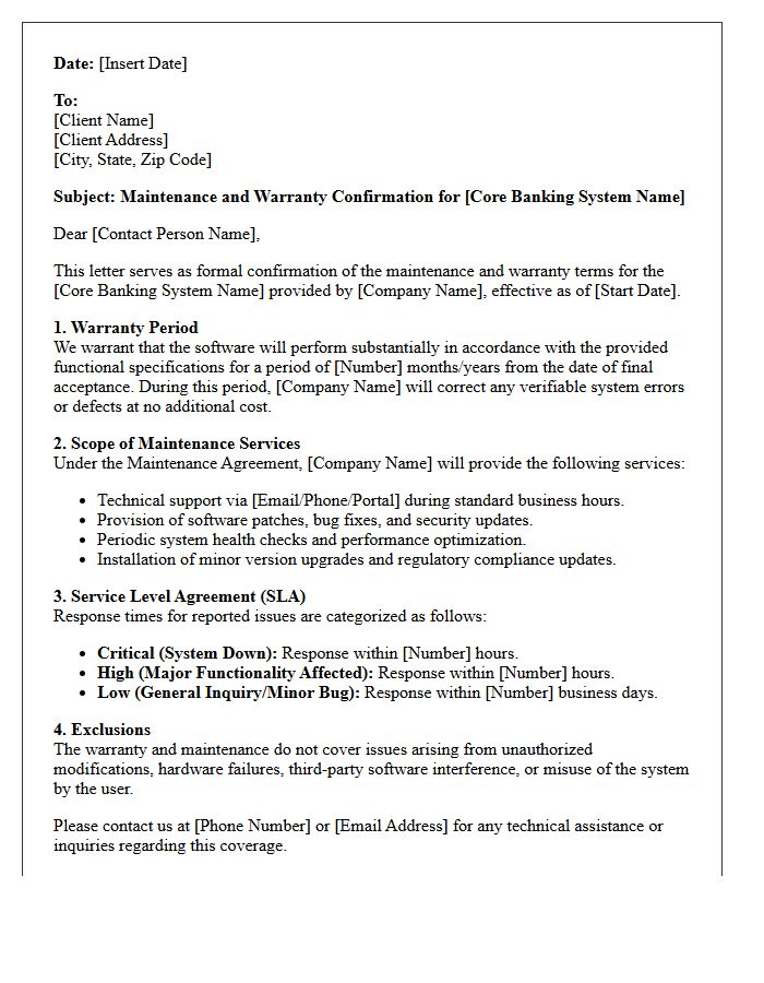 Core Banking Software System Maintenance and Warranty Letter