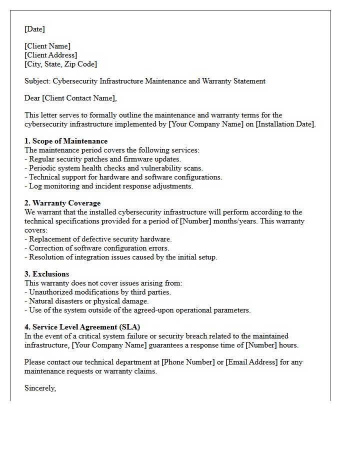 Cybersecurity Infrastructure Maintenance and Warranty Letter