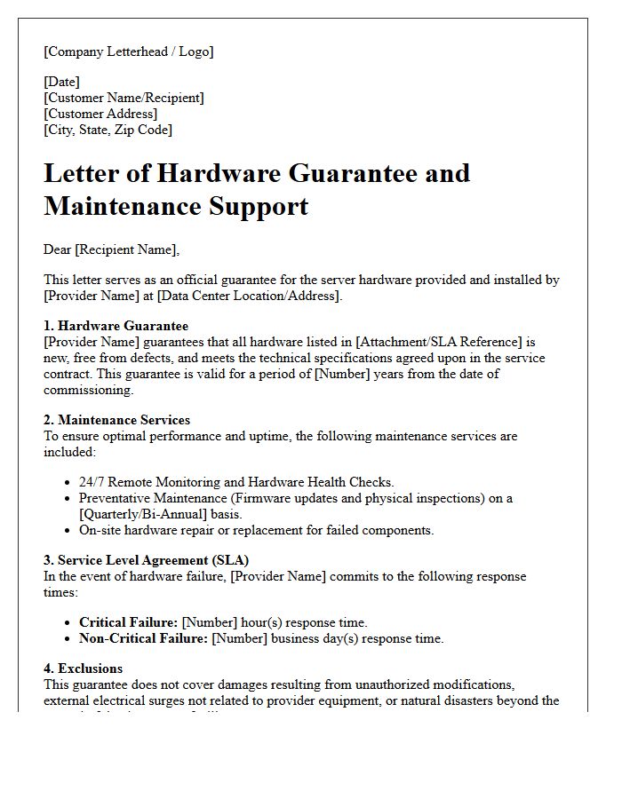 Data Center Server Hardware Guarantee and Maintenance Letter