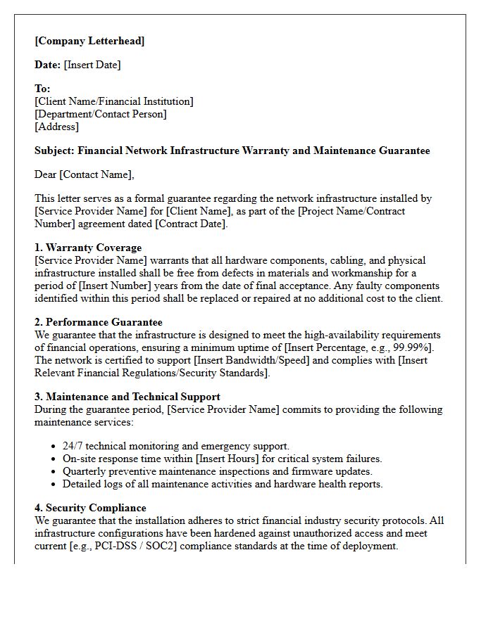 Financial Network Infrastructure Warranty and Maintenance Guarantee Letter