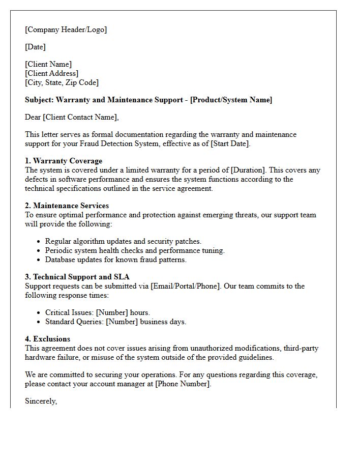 Fraud Detection System Warranty and Maintenance Support Letter