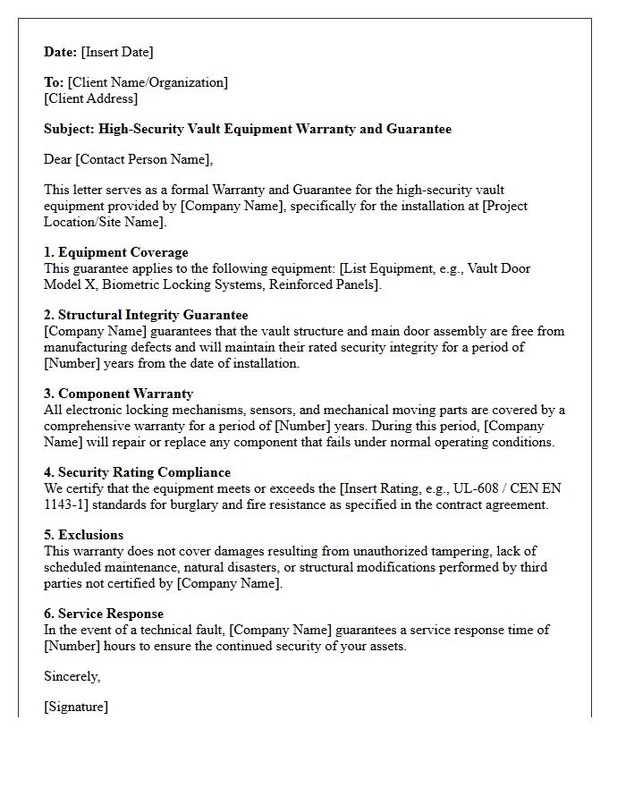 High-Security Vault Equipment Warranty and Guarantee Letter