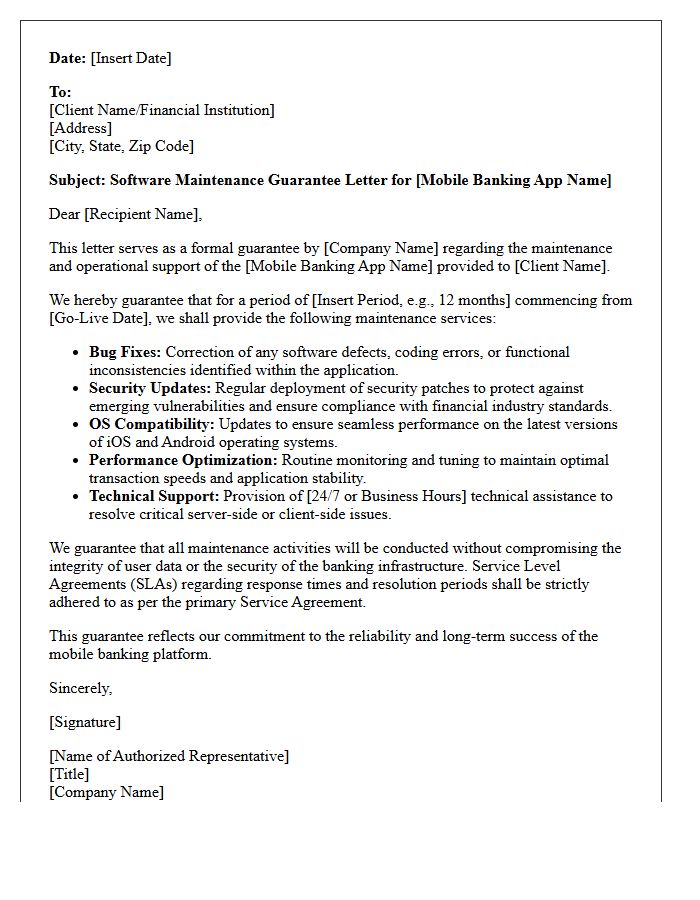 Mobile Banking Application Software Maintenance Guarantee Letter