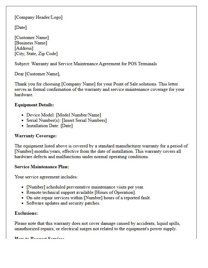 Point of Sale Terminal Warranty and Service Maintenance Letter