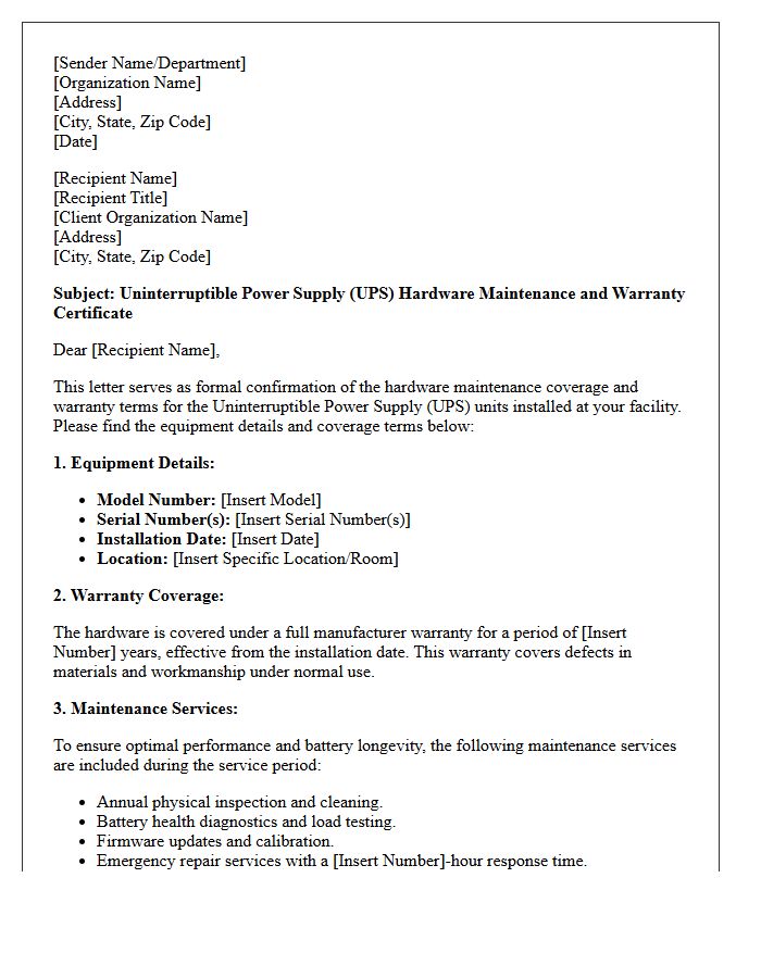 Uninterruptible Power Supply Hardware Maintenance and Warranty Letter