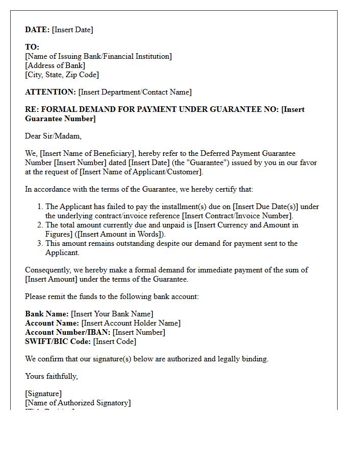 Demand for Payment Under Deferred Payment Guarantee Letter