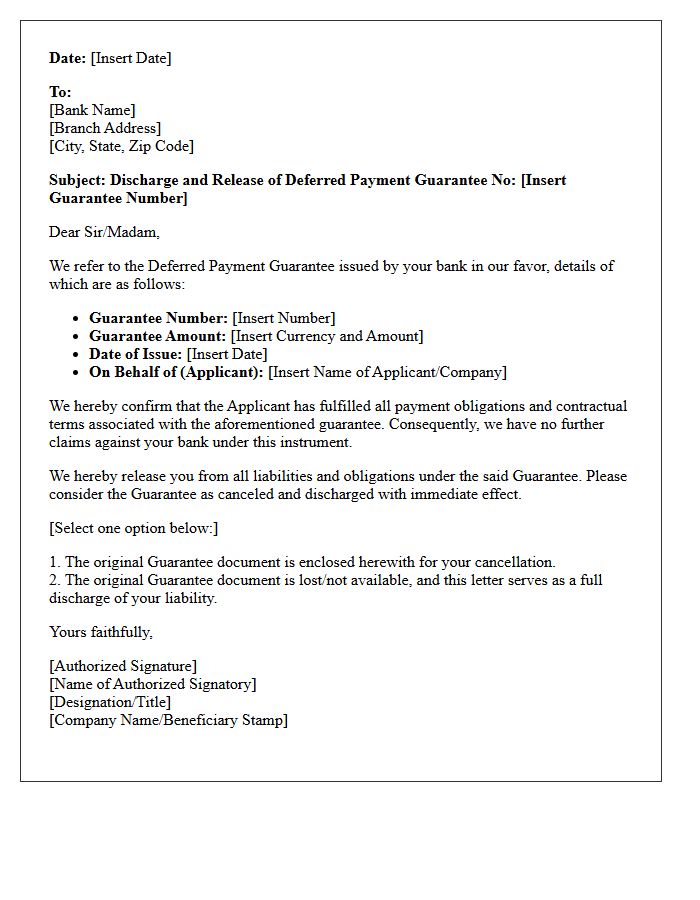 Discharge of Deferred Payment Guarantee Letter