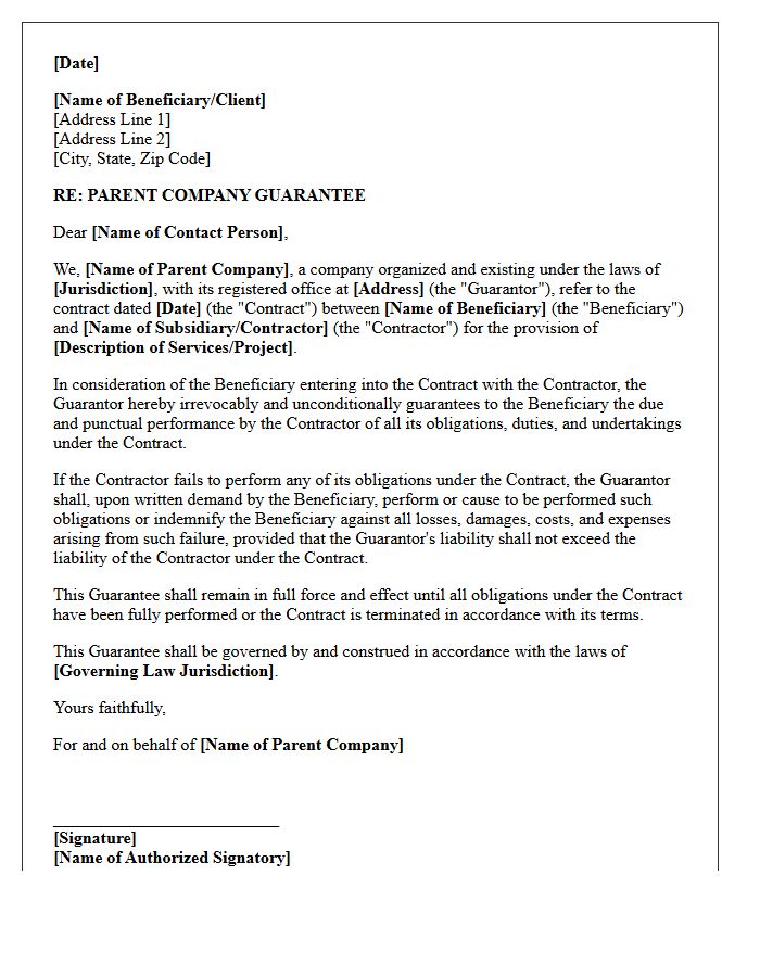 Parent Company Guarantee Letter