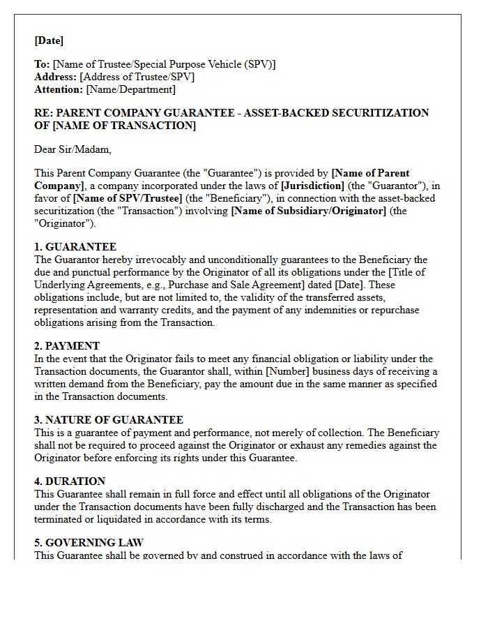 Parent Company Guarantee Letter for Asset-Backed Securitization Support