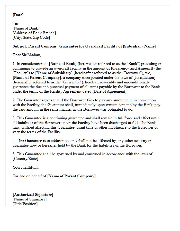 Parent Company Guarantee Letter for Bank Overdraft Facility Agreement