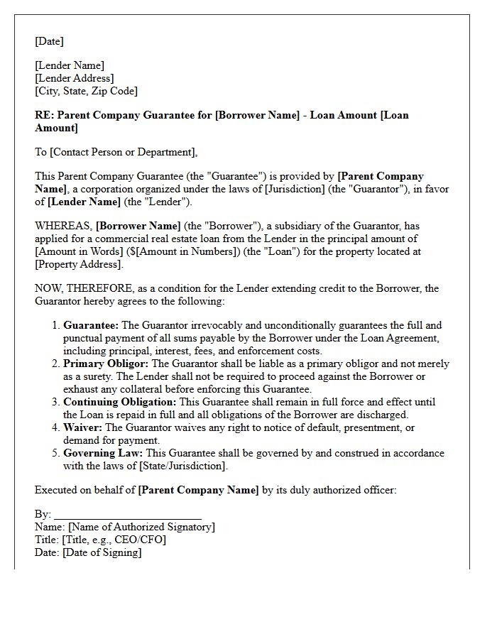 Parent Company Guarantee Letter for Commercial Real Estate Loan