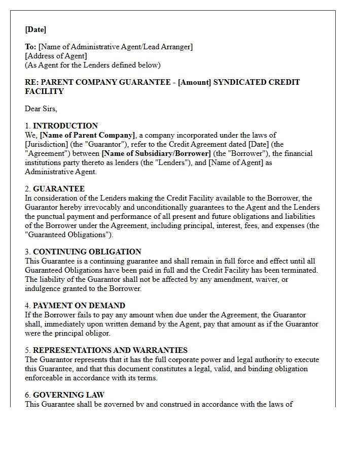 Parent Company Guarantee Letter for Corporate Syndicated Credit Facility