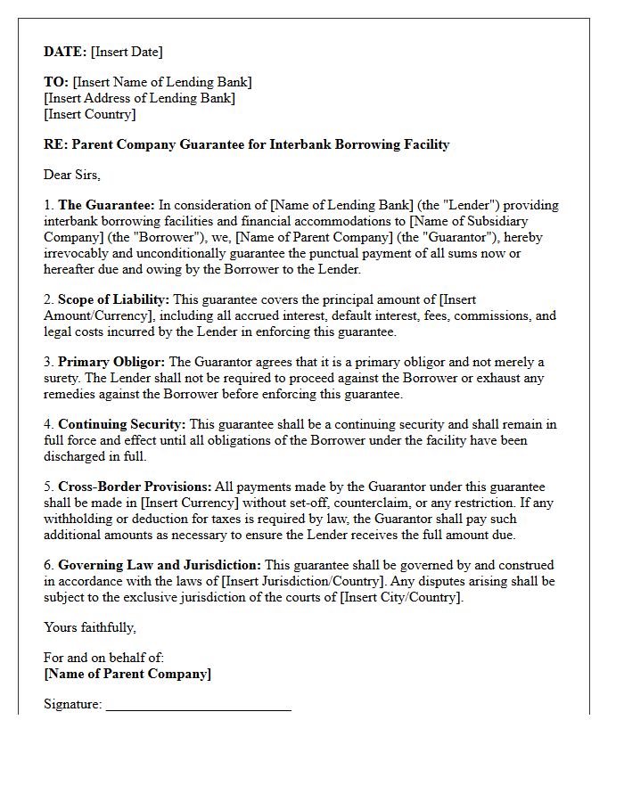 Parent Company Guarantee Letter for Cross-Border Interbank Borrowing