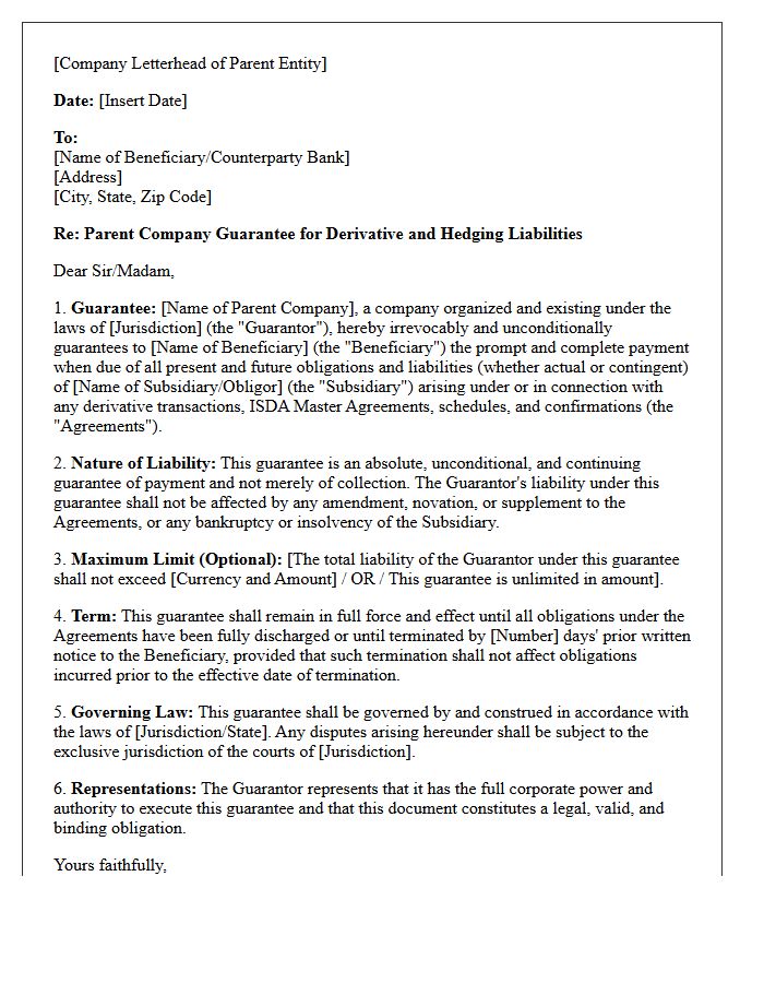 Parent Company Guarantee Letter for Derivative and Hedging Liabilities