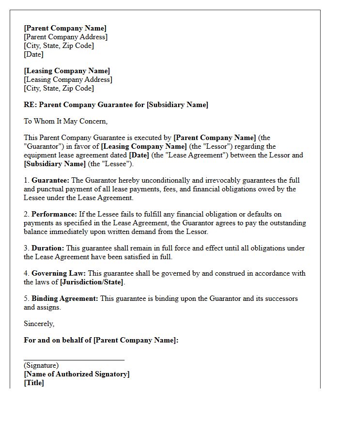 Parent Company Guarantee Letter for Financial Equipment Leasing