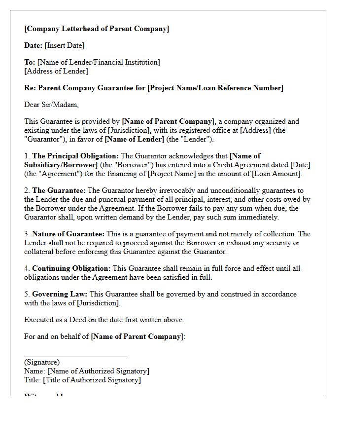 Parent Company Guarantee Letter for Project Finance Debt Repayment
