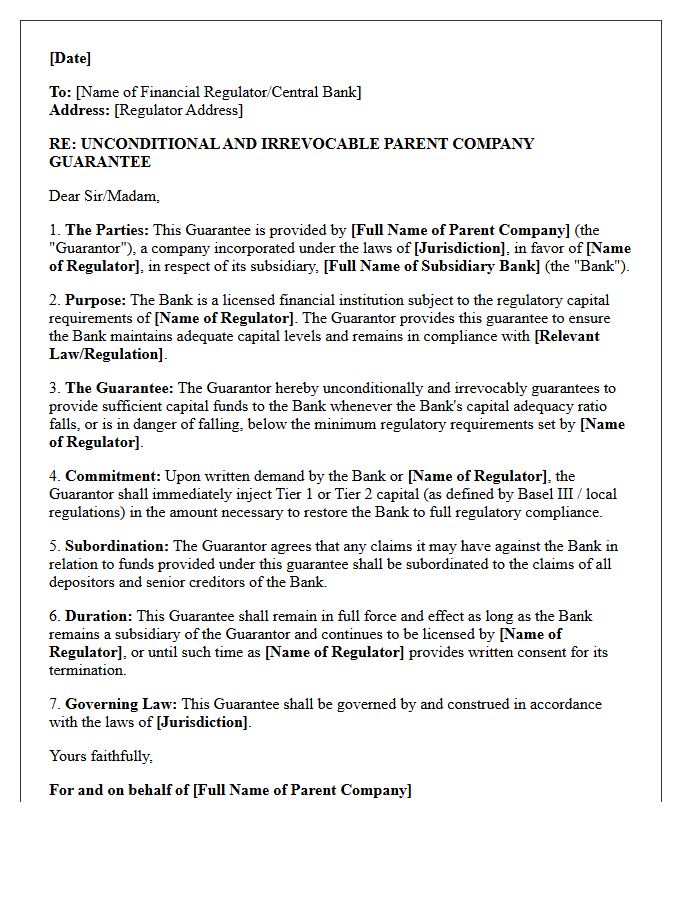 Parent Company Guarantee Letter for Subsidiary Bank Regulatory Capital
